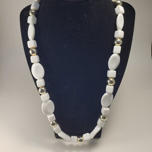 Statement Necklace for Women with Silver-tone and White Beads   C1 - Picture 1 of 6